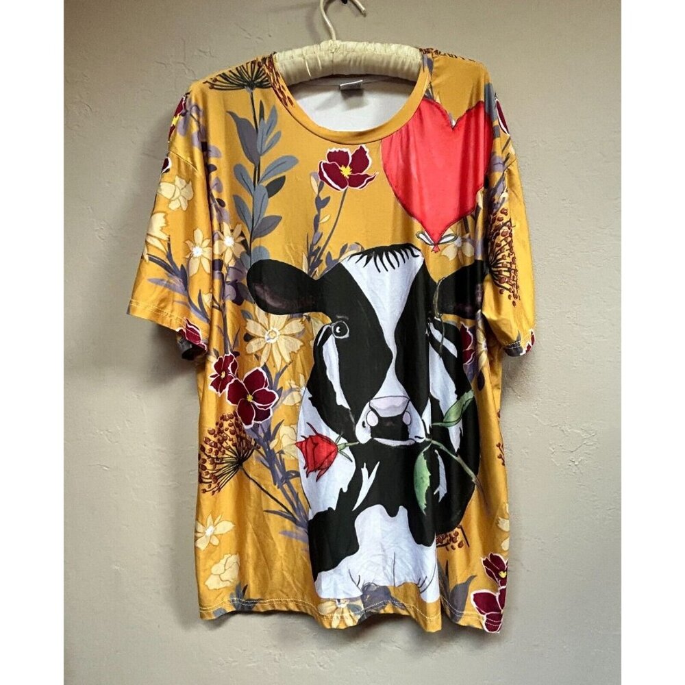 Zootop Bear Women's Size XL Floral Whimsical Cow Graphic Tee Shirt Short Sleeve